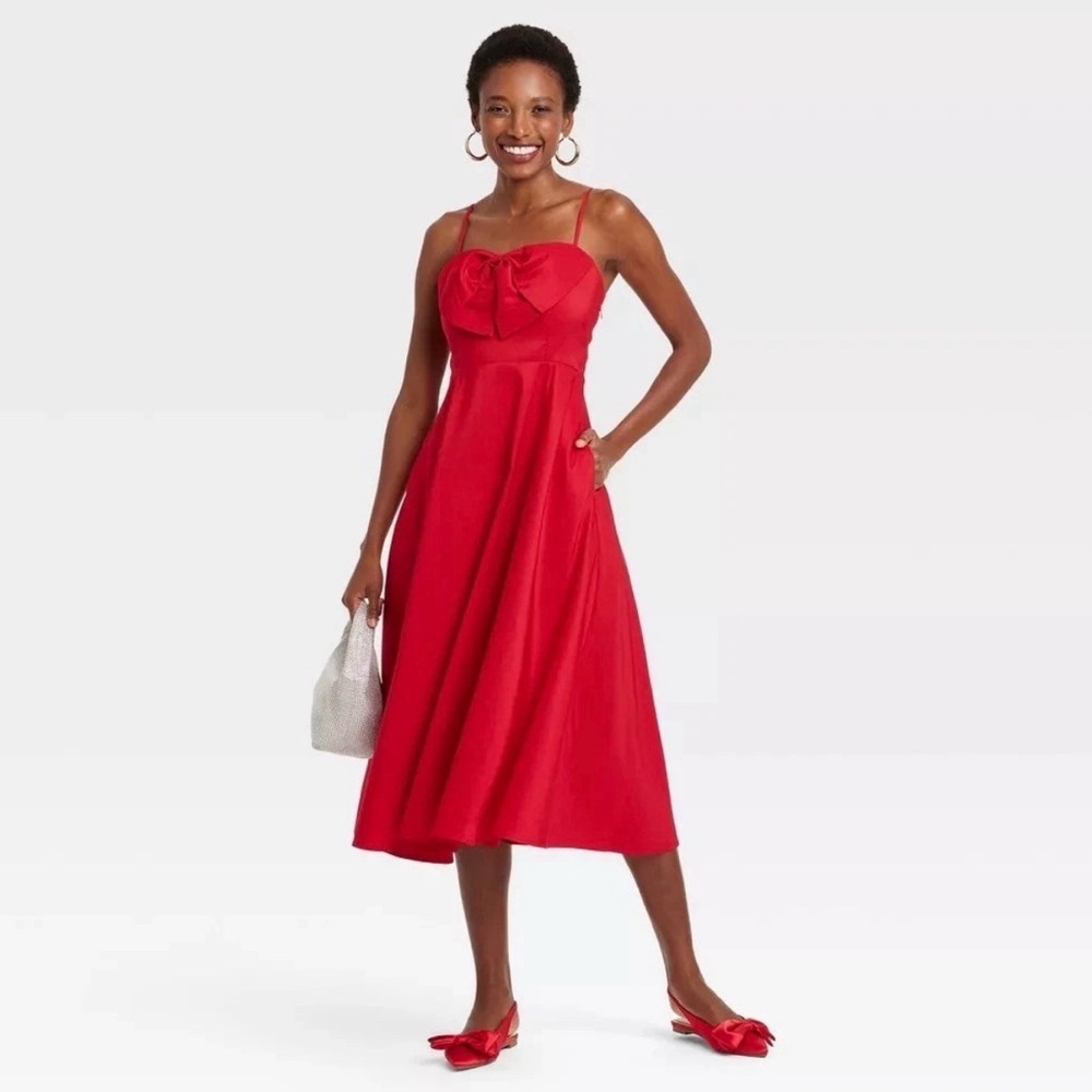 a new day Red Spaghetti-Strap Midi Dress with Front Bow
